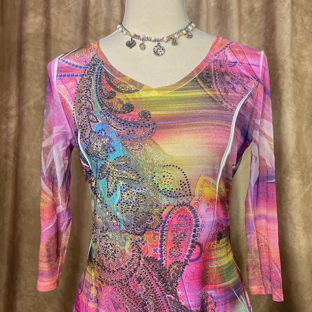 Vintage Y2K Boho Top Rhinestone Mesh Paisley Floral 3/4 Sleeve Ruffled Rainbow - Picture 9 of 10